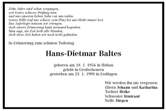 Baltes Hans-Dietmar 1956-1998 Todesanzeige